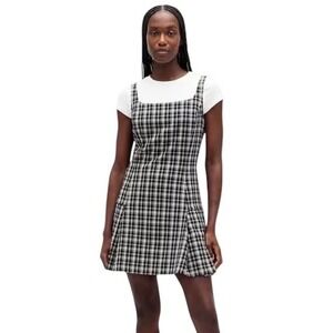 Gap Black Grey Plaid Square-Neck Pleated Mini Dress Side Hem Pleat Mini Pinafore